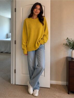 Oversized  Women's Crewneck Sweater in Mustard Yellow - C